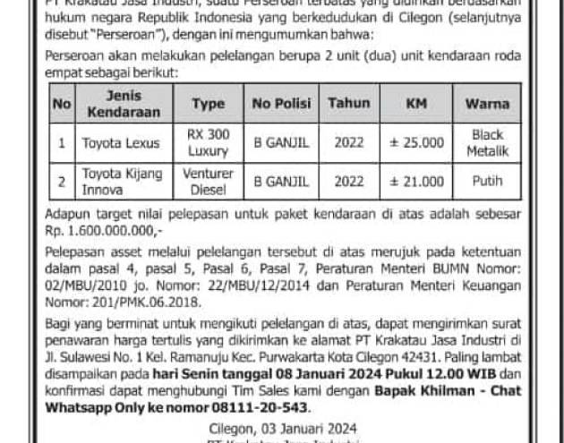 Pengumuman Lelang KJI 3 Januari 2024