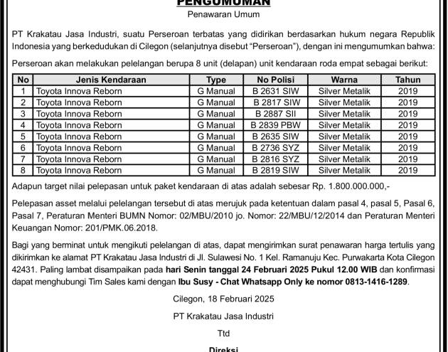 Lelang Kendaraan tanggal 18 Februari 2025